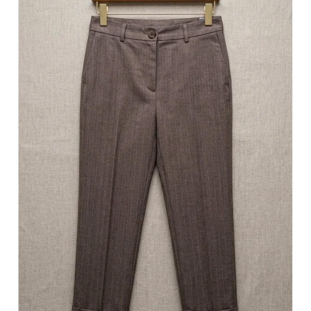 Samantha Grey Brown Pink Pinstripe Dress Pants Trousers Elastic Back Size 12